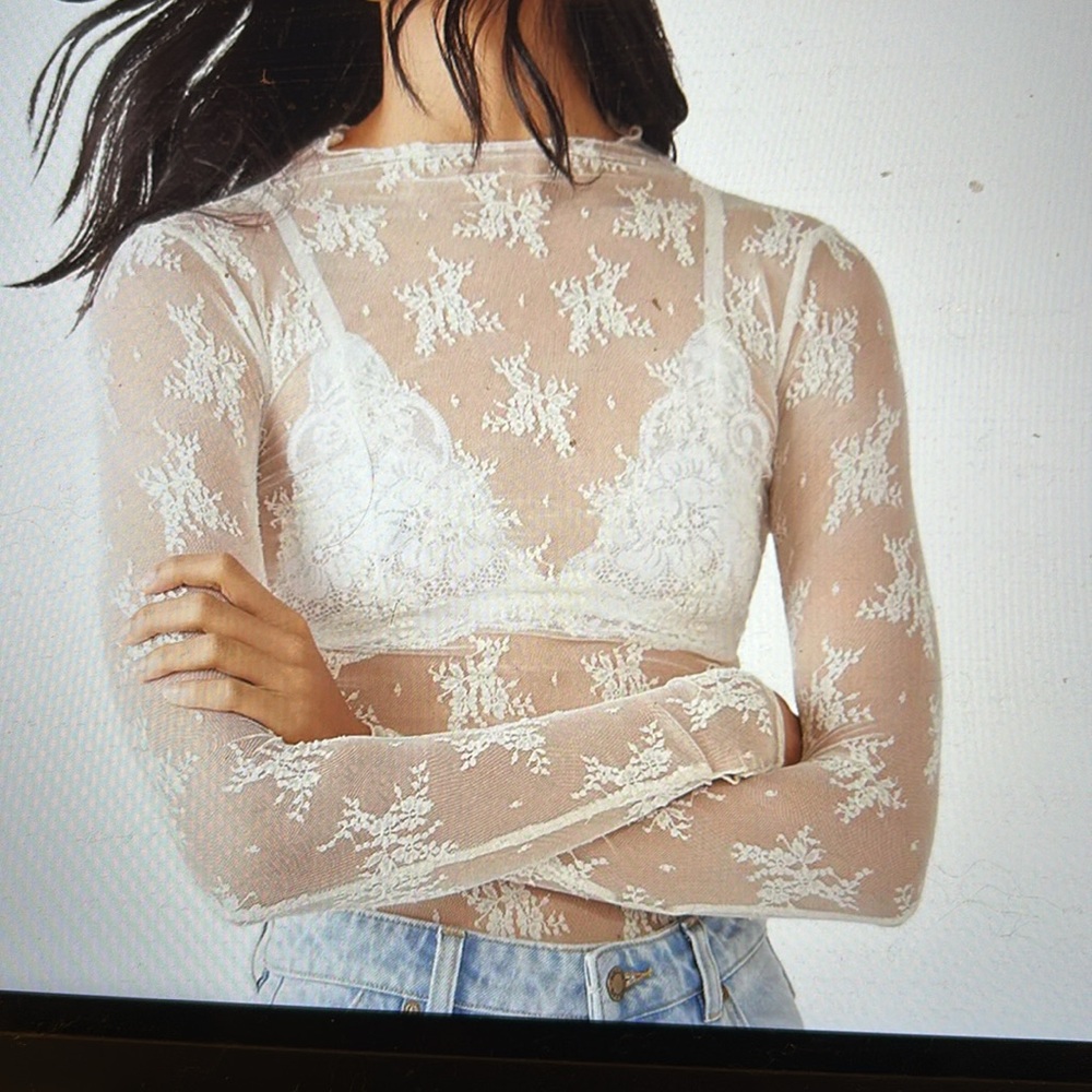 Free People Sheer Cream Lace Blouse Lady Lux Layering Top size small